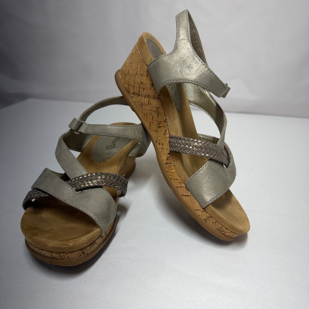 Baretraps Farah Womens 7.5M Champagne Metallic Cork Wedge Braided Sandals BTS23